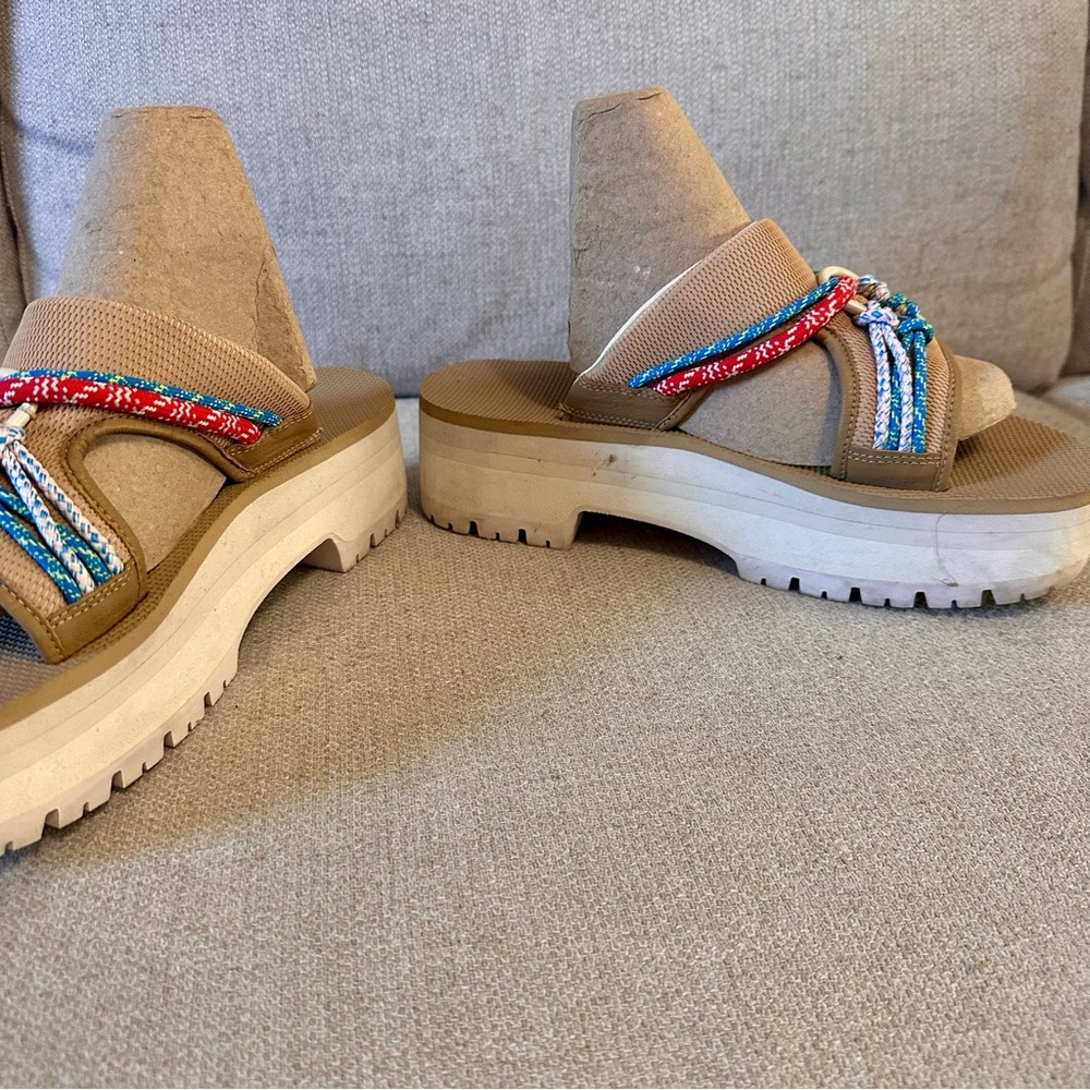 Teva Indio Carabiner Slide Rope Platform Sandals Stretchy tan, red, white, blue - Picture 6 of 11